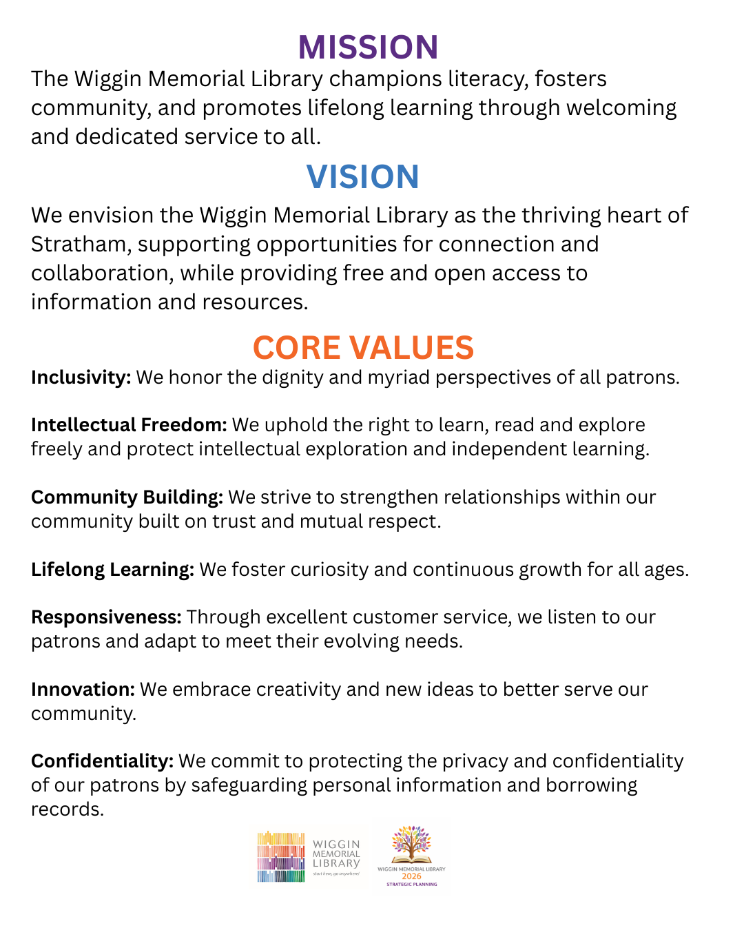 We envision the Wiggin Memorial Library as the thriving heart of Stratham, supporting opportunities for connection and collaboration, while providing free and open access to information and resour(1)